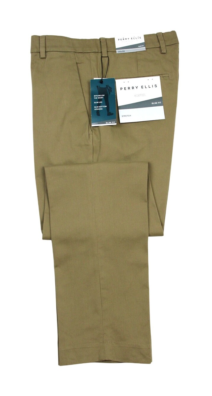 Perry Ellis Portfolio Essentials Pants Mens 33x30 Khaki Slim Fit Stretch Chino